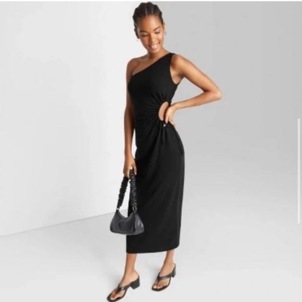 NWT Wild Fable Black Cutout Side Maxi Dress Slinky Ruched One Shoulder Small